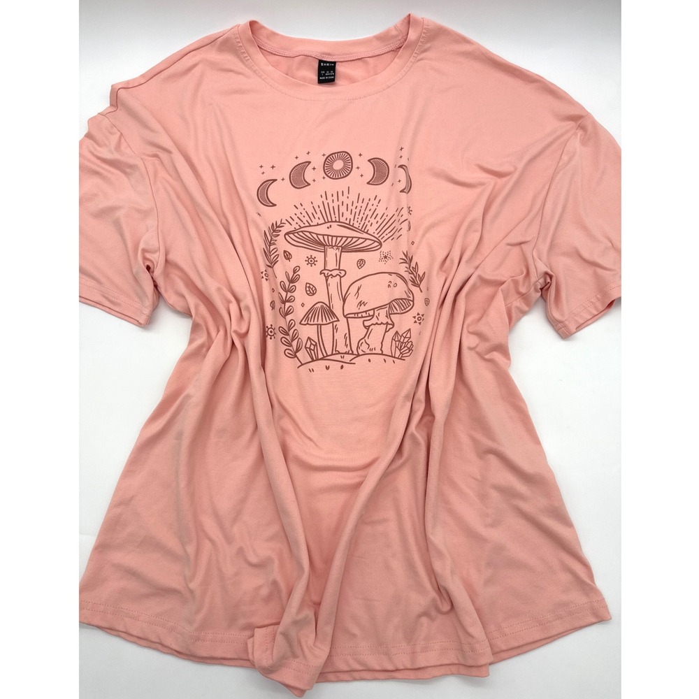 SHEIN Womens‎ L Peach Moon Phases Mushroom Graphic T-Shirt Top Retro Hippie